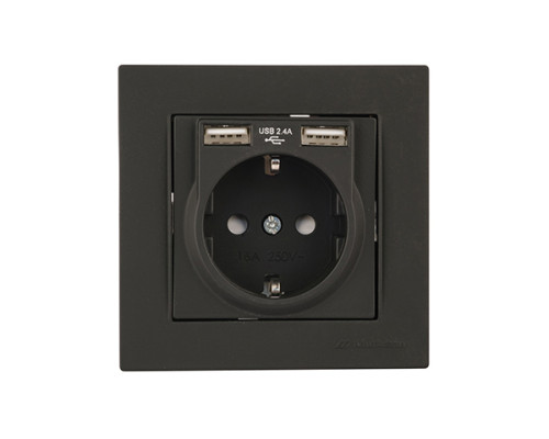 Rita - Розетка 2P+E, с 2хUSB 2,4A (однопостовой монтаж в комплекте с рамкой), черный мат