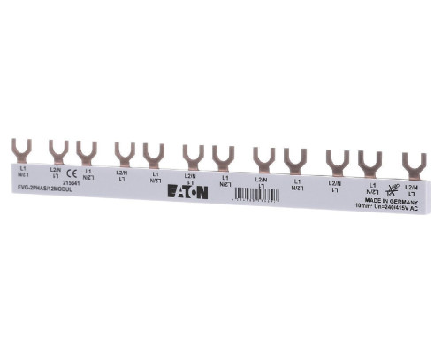 FORK 2П Шинка Eaton на 12 соединений  EVG-2PHAS/12MODUL, 2P, 10мм2, 63А, вилка