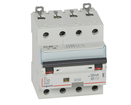 DX3 4P 10A тип АС 30мA 6kA 4М Дифф. авт. выкл.