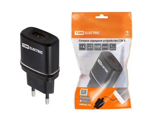 Сетевое зарядное устройство, СЗУ 3, 2,1 А, 1 USB, черный, TDM | арт.SQ1810-0011