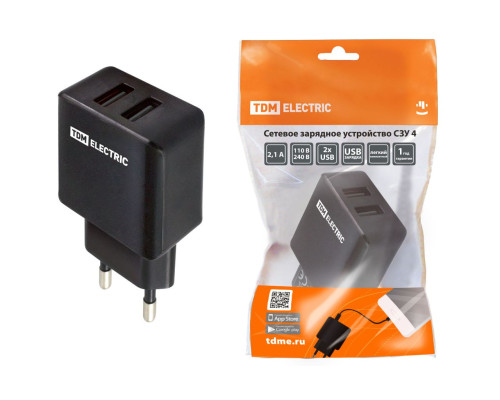 Сетевое зарядное устройство, СЗУ 4, 2,1 А, 2 USB, черный, TDM | арт.SQ1810-0021