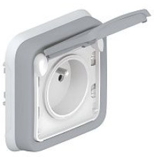 PLEXO - Розетка 2P+E, IP55, фр. стандарт, встроенный монтаж, в сборе, пруж. зажимы, серый | арт.069831