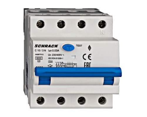 AK 6кА 3P+N С 10A/30mA 4М Дифференциальный автоматический выключатель тип A