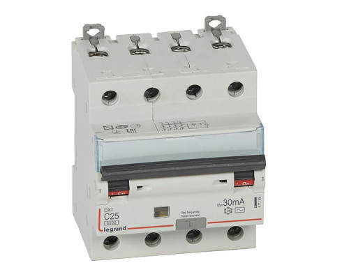 DX3 4P 25A тип АС 30мA 6kA 4М Дифф. авт. выкл.