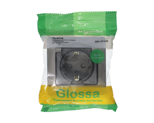 GLOSSA РОЗЕТКА с зазем. со шторками с крышкой,IP44,16А, 250В, в сборе,ПЛАТИНА