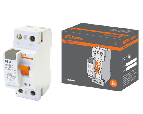 Устройство защитного отключения ВД63 2Р 63А 30мА (электронное) TDM | арт.SQ0220-0005