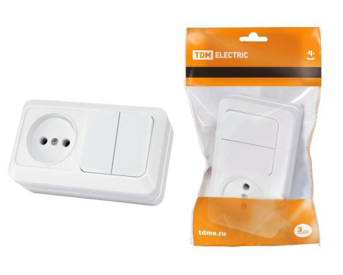 Блок комбинированный выкл. 2-кл. 10А + розетка 2П 10А 250В БКВР IP20 белый "Ладога" TDM
