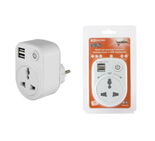Адаптер универсальный поворотный  с/з 250В 16А + 2USB 2.1A белый TDM