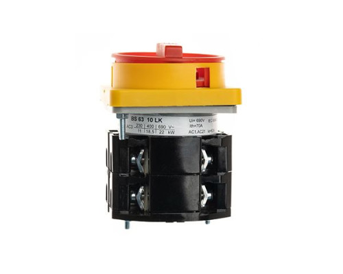 Переключатель BS 63 10 LK, аварийный, 3P, 63A, тип 0-1, 22kW(400VAC по АС-23), на дверь, красная блокируемая в 0 рукоятка, фронт IP40 | арт.EAC602646