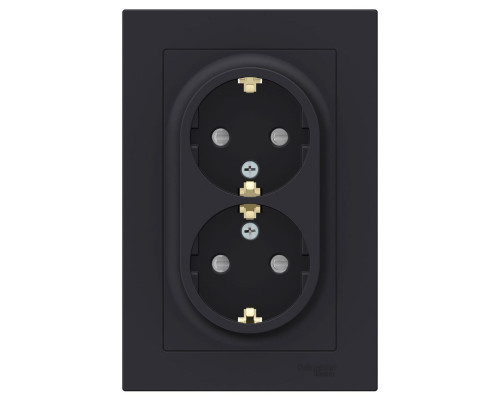 Розетка двойная с заземлением со шторками с рамкой Schneider Electric AtlasDesign ATN001026 Карбон -