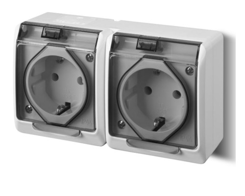 HERMES - Розетка 2x2P+E, 16A/250V, с прозрачной крышкой, IP44, белый