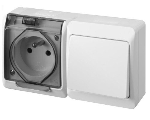 HERMES - Выключатель 10A/250V + Розетка 2P+E, 16A/250V, с прозрачной крышкой, IP44, белый