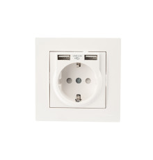 Rita - Розетка 2P+E, с 2хUSB 2,4A (однопостовой монтаж в комплекте с рамкой), белая