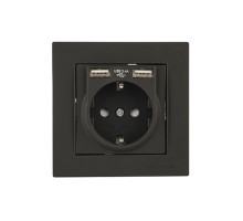 Rita - Розетка 2P+E, с 2хUSB 2,4A (однопостовой монтаж в комплекте с рамкой), черный мат
