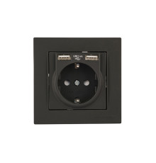 Rita - Розетка 2P+E, с 2хUSB 2,4A (однопостовой монтаж в комплекте с рамкой), черный мат
