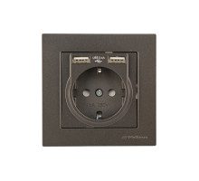 Rita - Розетка 2P+E, с 2хUSB 2,4A (однопостовой монтаж в комплекте с рамкой), дымчатый