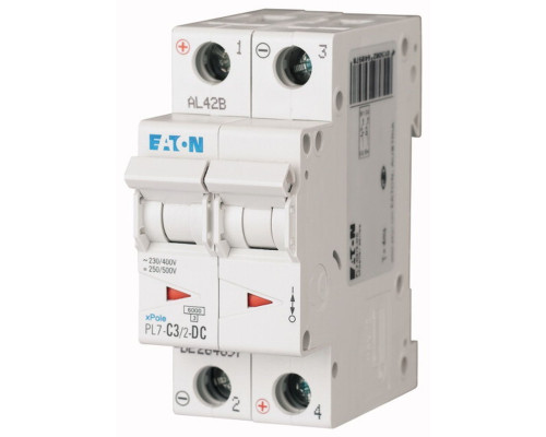 Авт. выключатель PL7-C3/2-DC, 2P, 3A, хар-ка C, 10kA, 250VAC/DC, 2M Авт. выключатель PL7-C3/2-DC, 2P, 3A, хар-ка C, 10kA, 250VAC/DC, 2M