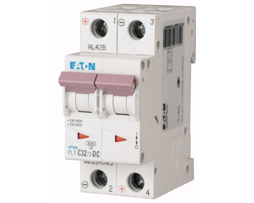Авт. выключатель PL7-C32/2-DC, 2P, 32A, хар-ка C, 10kA, 250VAC/DC, 2M Авт. выключатель PL7-C32/2-DC, 2P, 32A, хар-ка C, 10kA, 250VAC/DC, 2M