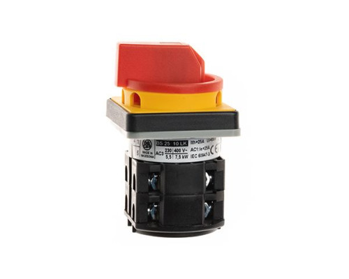 Переключатель BS 25 10 LK, аварийный, 3P, 25A, тип 0-1, 11kW(400VAC по АС-23), на дверь, красная блокируемая в 0 рукоятка, фронт IP40 | арт.EAC602824