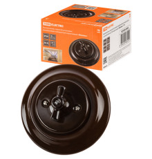 Выключатель скрытой установки фарфоровый поворотный перекрёстный с ручкой (бантик) 10А коричневый «Б